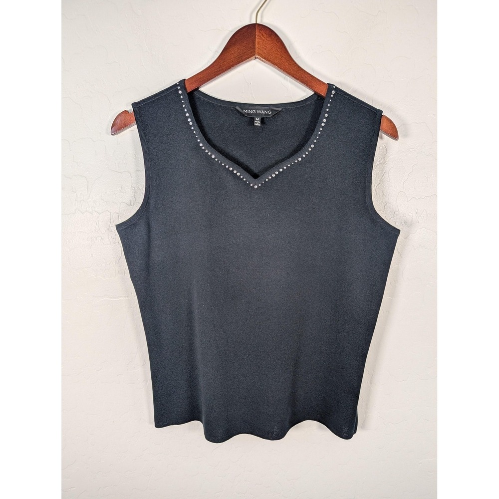 Ming Wang Tank Top Womens Medium Black Rhinestone‎ V Neck Knit Shell Sleeveless